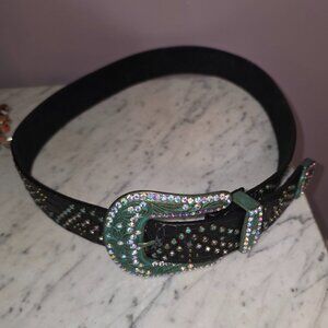 Western Rhinestone Studded Belt Turquoise Look Black Leather Large Buckle 41”